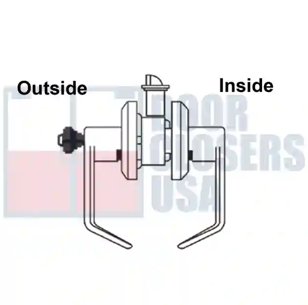 Storeroom Key outside, blank inside. Outside always locked.